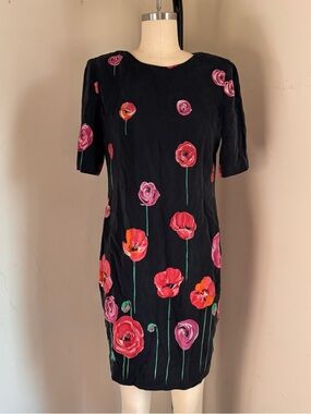Vintage Silk Liz Claiborne Black Midi Dress with Pink & Red Floral Poppies